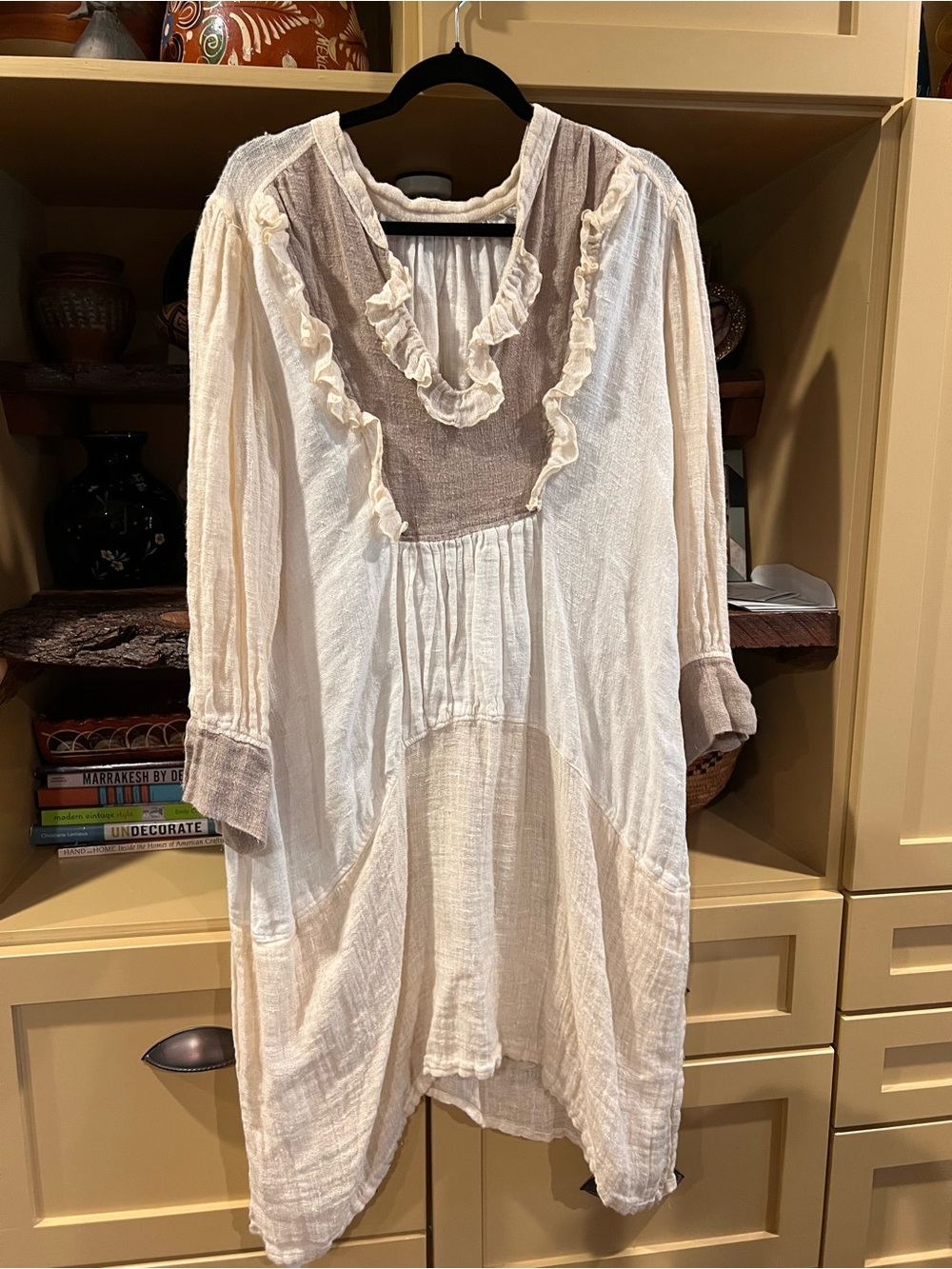 Magnolia Pearl Cream and Taupe Ruffled V-Neck Cotton Tunic